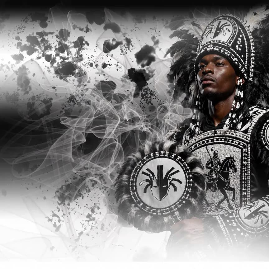 DREAD IX heritage artwork: a man in black-and-ivory beaded regalia holding the shield emblem