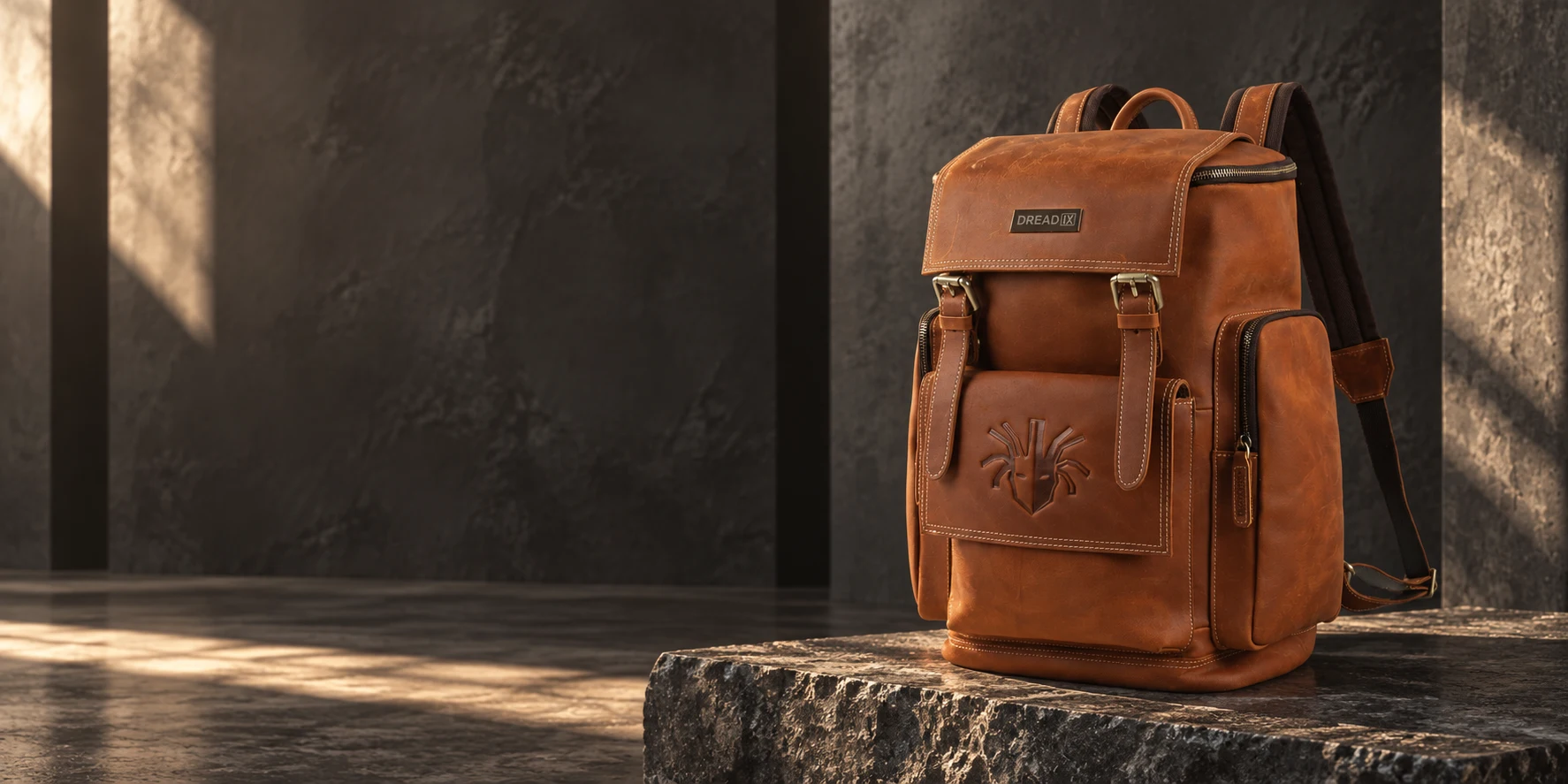 Classic Brown DREAD IX Backpack on dark stone, in a shaft of warm architectural light