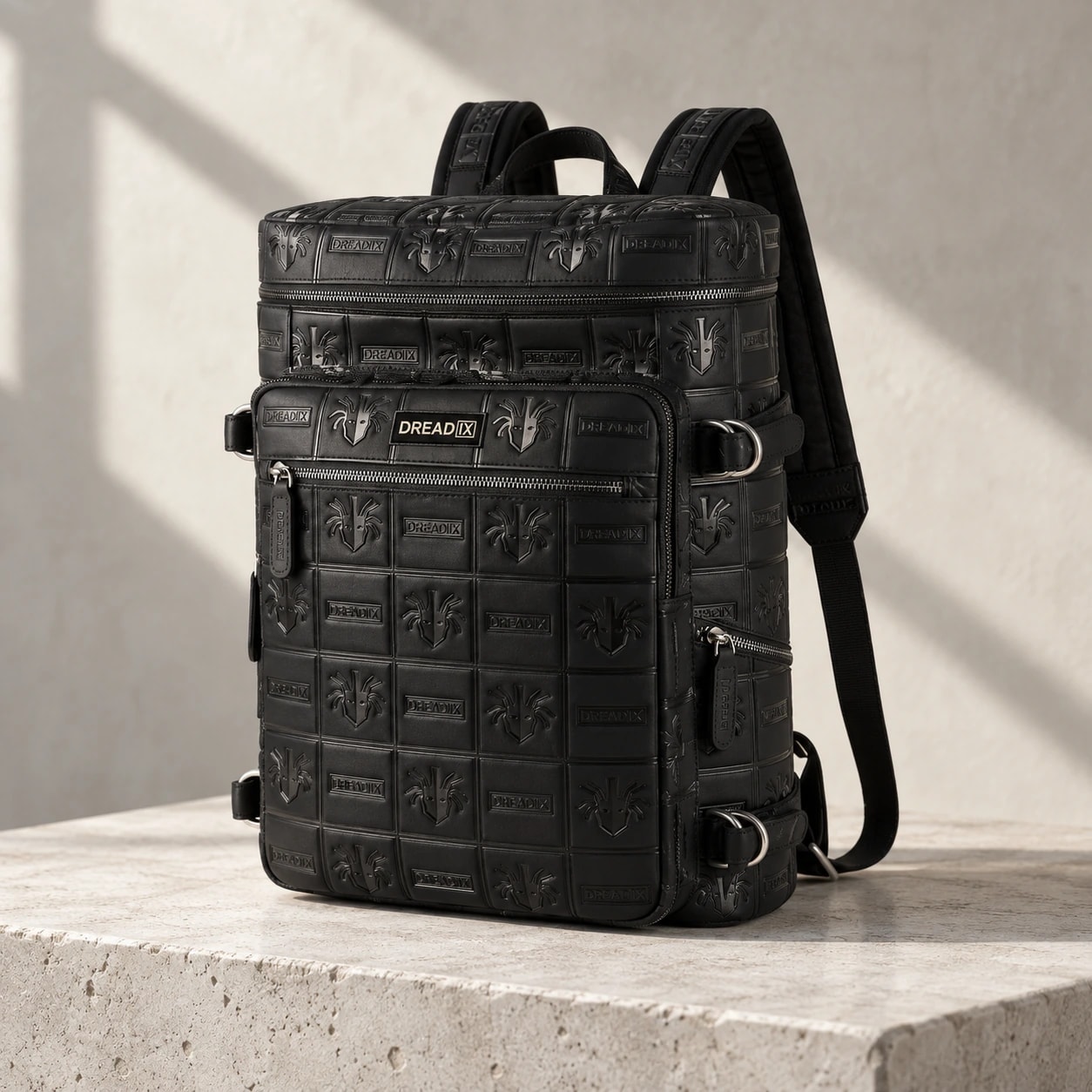 Black Grid Backpack on pale limestone, showing its embossed leather panels and silver-tone hardware