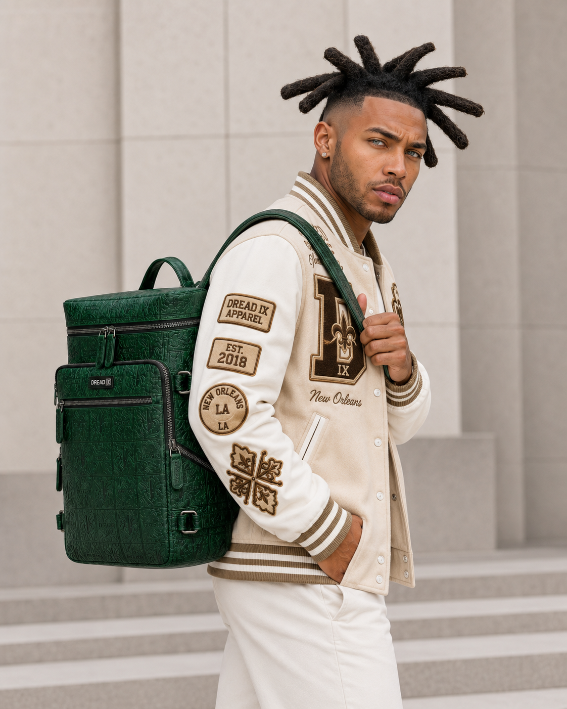 Model seated with the green DREAD IX backpack against a white studio background